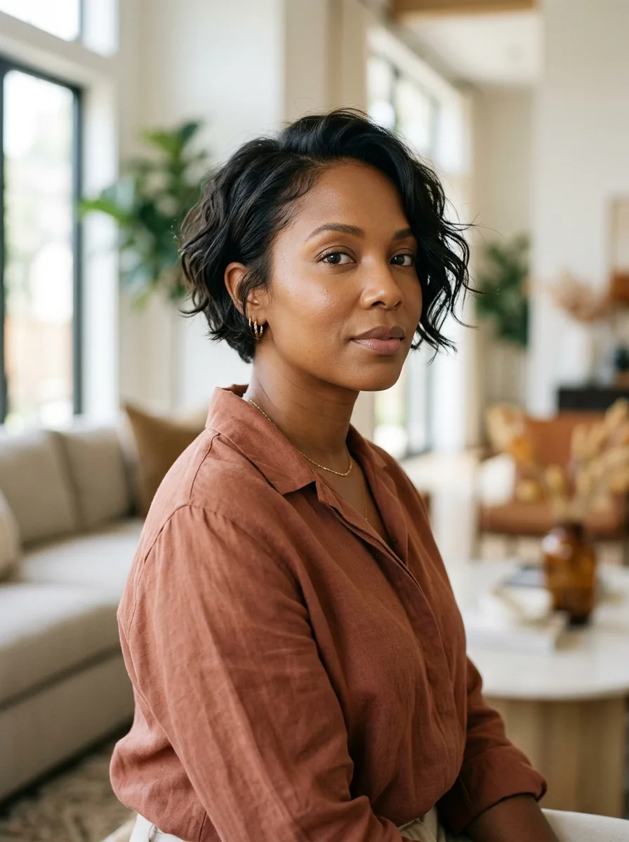 Black woman wearing a wavy pixie with a temple swoop