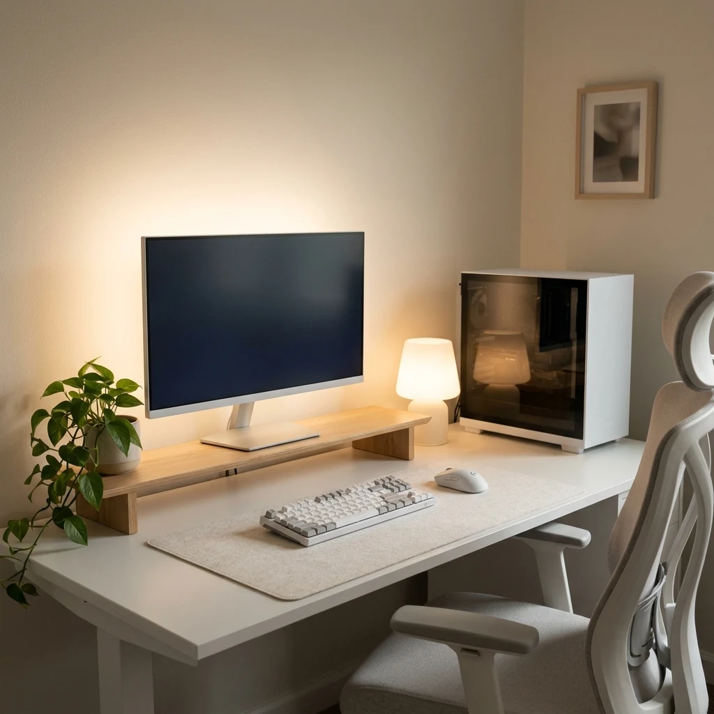 White gaming setup with a warm ambient desk lamp, monitor bias lighting, and a wooden desk shelf
