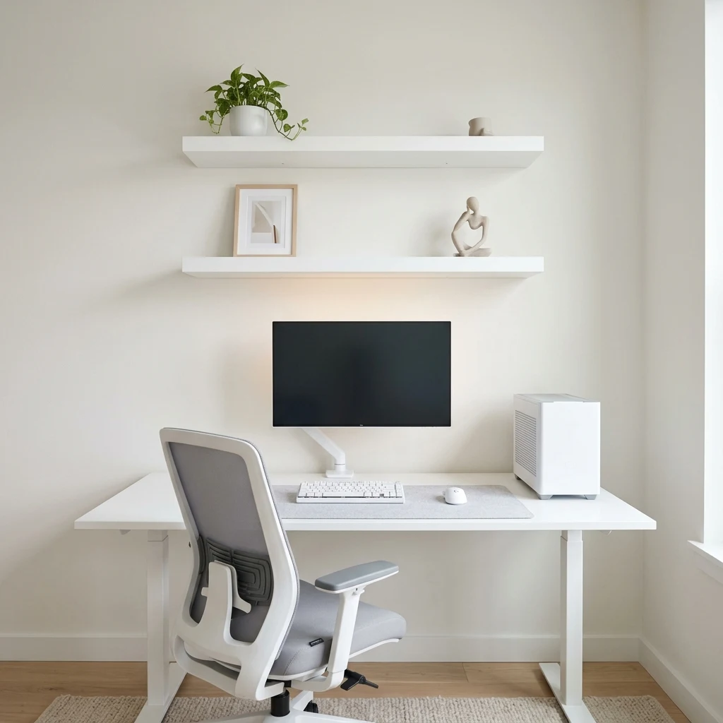 White gaming desk setup with two floating shelves displaying a framed print, plant, and decor piece