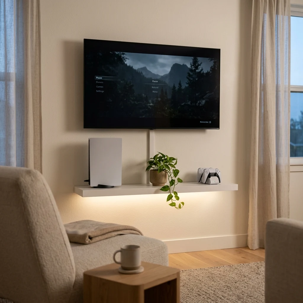 Wall-mounted TV console setup with a slim white floating shelf, PS5 console, controller dock, and warm under-shelf light